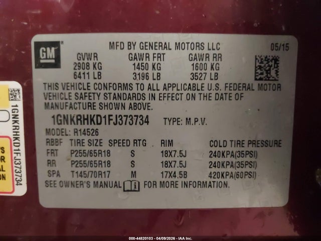 Aukcja sprzedaży 2015 Chevrolet Traverse 2lt, vin: 1GNKRHKD1FJ373734, numer aukcji: 44820103