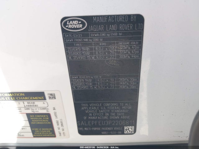 Aukcja sprzedaży 2023 Land Rover Defender 130 Se, vin: SALEPFEU3P2206811, numer aukcji: 44820106