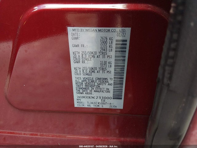 Aukcja sprzedaży 2022 Nissan Pathfinder Sl 2wd, vin: 5N1DR3CB2NC233000, numer aukcji: 44820107