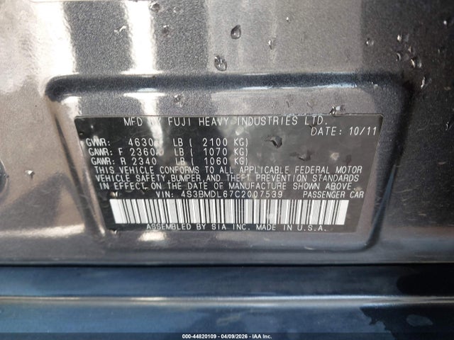 44820109 :رقم المزاد ، 4S3BMDL67C2007539 vin ، 2012 Subaru Legacy 3.6r Limited مزاد بيع