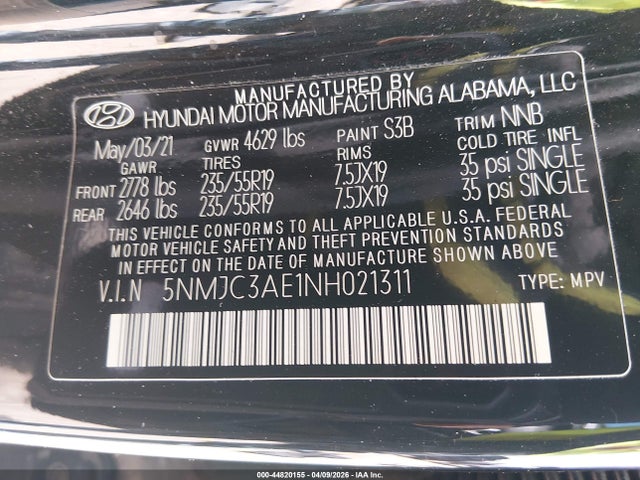 Aukcja sprzedaży 2022 Hyundai Tucson Sel, vin: 5NMJC3AE1NH021311, numer aukcji: 44820155