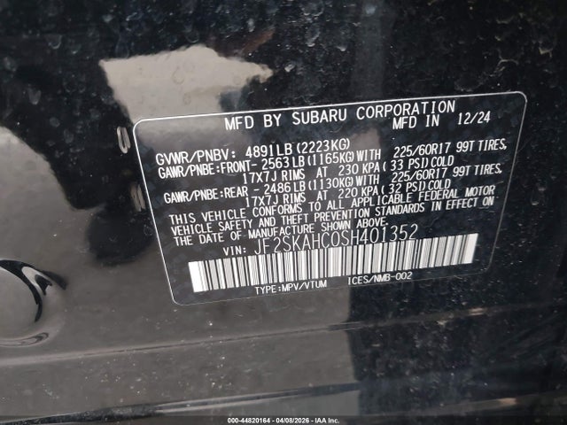 Продаж на аукціоні авто 2025 Subaru Forester Wilderness, vin: JF2SKAHC0SH401352, номер лоту: 44820164
