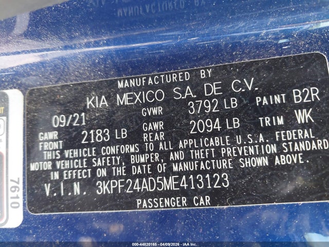 Продаж на аукціоні авто 2021 Kia Forte Lxs, vin: 3KPF24AD5ME413123, номер лоту: 44820165
