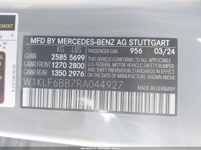 Aukcja sprzedaży 2024 Mercedes-benz E 450 4matic, vin: W1KLF6BB7RA044927, numer aukcji: 44820174