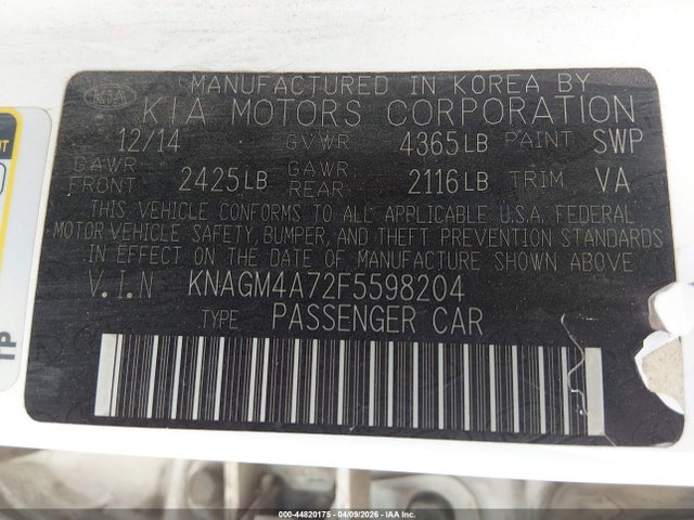 44820175 :رقم المزاد ، KNAGM4A72F5598204 vin ، 2015 Kia Optima Lx مزاد بيع