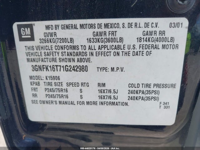 2001 CHEVROLET SUBURBAN 1500 3GNFK16T71G242980 Photo 8