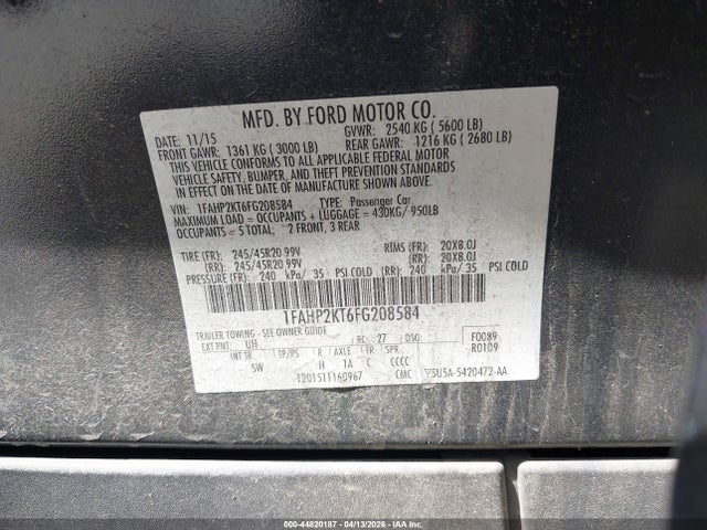 44820187 :رقم المزاد ، 1FAHP2KT6FG208584 vin ، 2015 Ford Taurus Sho مزاد بيع
