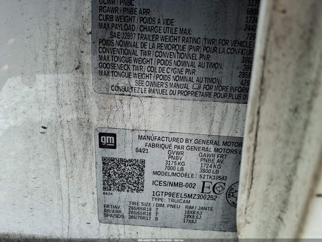 44820192 :رقم المزاد ، 1GTP9EEL5MZ300252 vin ، 2021 Gmc Sierra 1500 4wd  Short Box At4/4wd  Standard Box At4 مزاد بيع