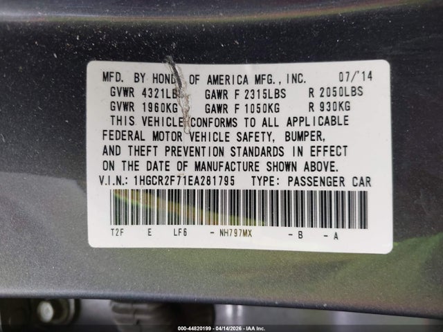 Honda ACCORD EX 2014 1HGCR2F71EA281795 Image 9
