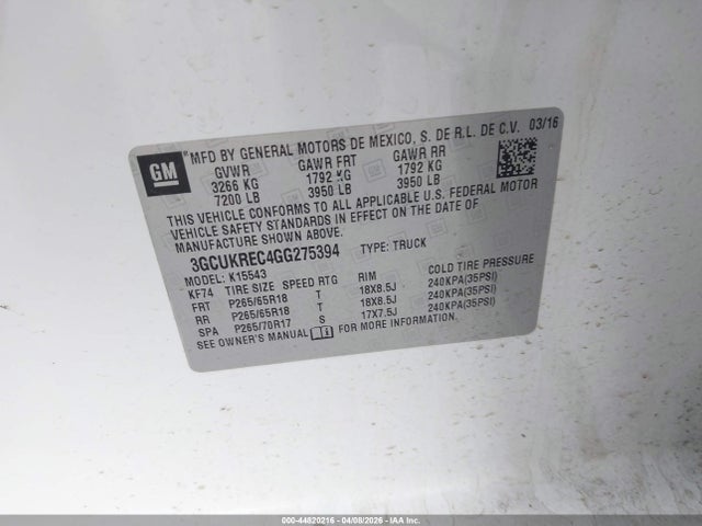 3GCUKREC4GG275394 Chevrolet Silverado 1500 2lt