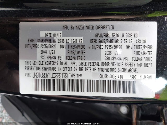 44820222 :رقم المزاد ، JM3TCBDY1J0229179 vin ، 2018 Mazda Cx-9 Grand Touring مزاد بيع