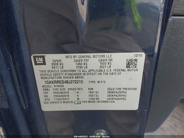Продажа на аукционе авто 2011 Gmc Acadia Slt-1, vin: 1GKKRRED4BJ272213, номер лота: 44820223