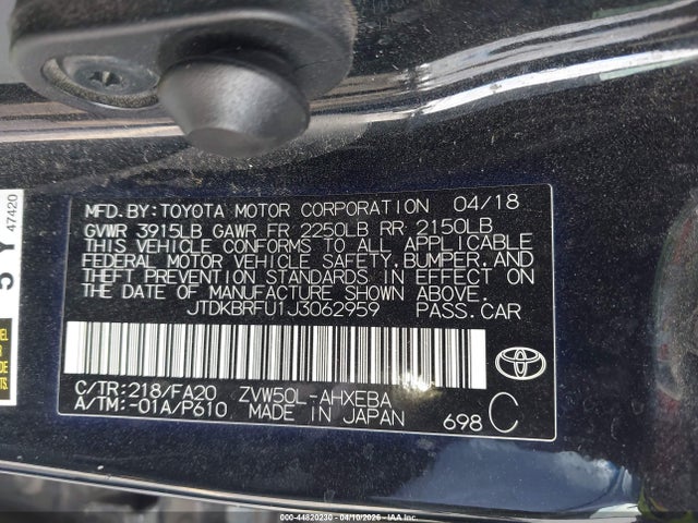 44820230 :رقم المزاد ، JTDKBRFU1J3062959 vin ، 2018 Toyota Prius Two مزاد بيع