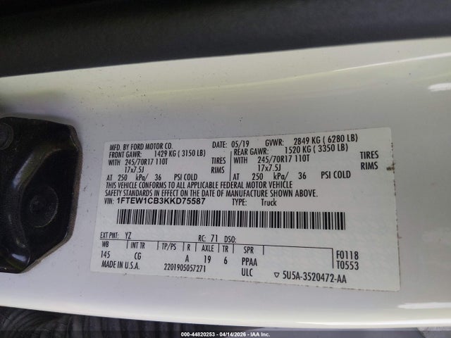 Продаж на аукціоні авто 2019 Ford F-150 Xl, vin: 1FTEW1CB3KKD75587, номер лоту: 44820253