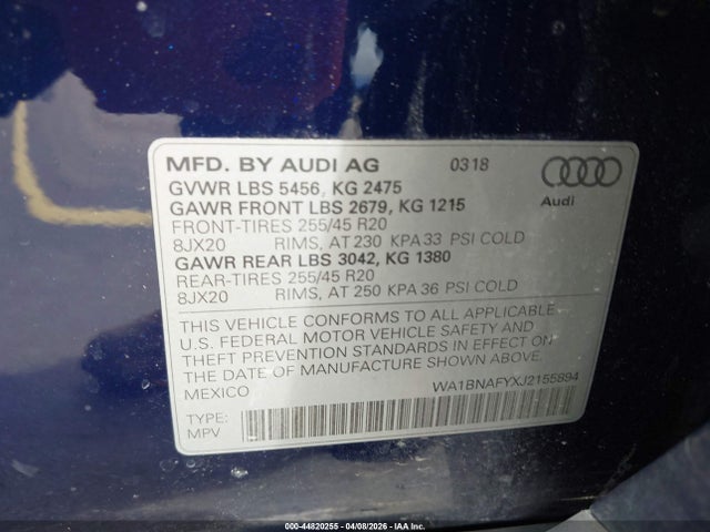 Продажа на аукционе авто 2018 Audi Q5 2.0t Premium/2.0t Tech Premium, vin: WA1BNAFYXJ2155894, номер лота: 44820255