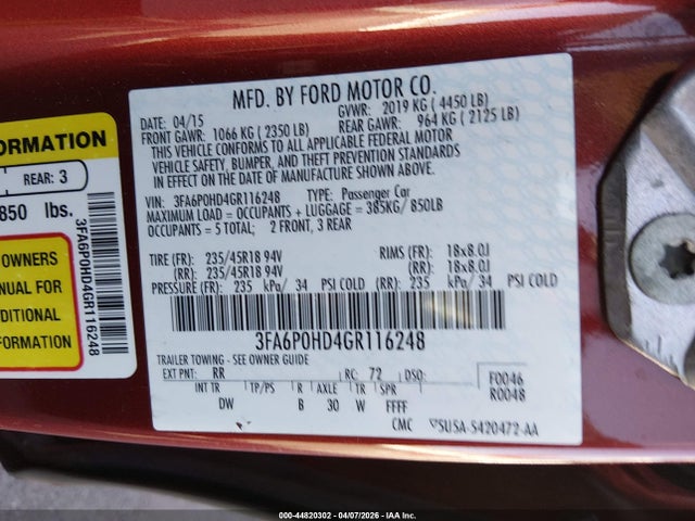 44820302 :رقم المزاد ، 3FA6P0HD4GR116248 vin ، 2016 Ford Fusion Se مزاد بيع