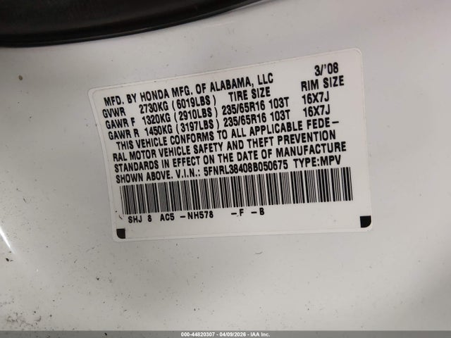 Продаж на аукціоні авто 2008 Honda Odyssey Ex, vin: 5FNRL38408B050675, номер лоту: 44820307