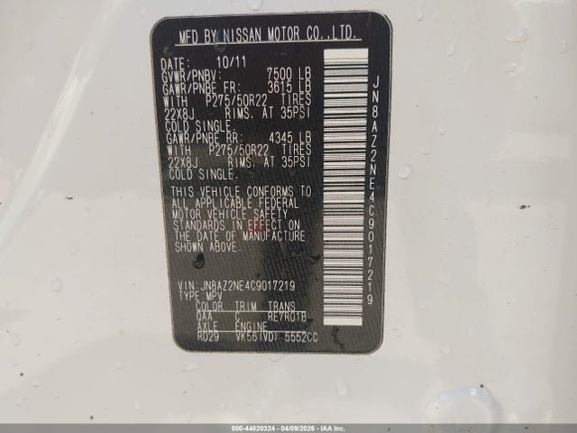 Aukcja sprzedaży 2012 Infiniti Qx56, vin: JN8AZ2NE4C9017219, numer aukcji: 44820324