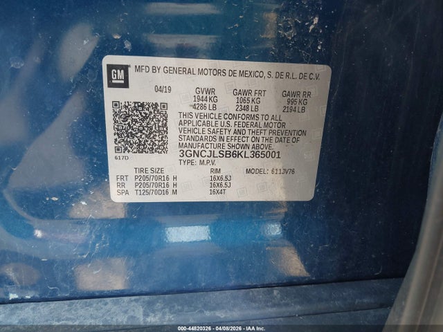 Aukcja sprzedaży 2019 Chevrolet Trax Lt, vin: 3GNCJLSB6KL365001, numer aukcji: 44820326
