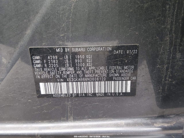 44820343 :رقم المزاد ، 4S3GKAB66N3606120 vin ، 2022 Subaru Impreza Base مزاد بيع
