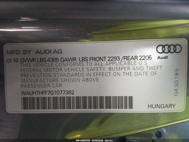 Aukcja sprzedaży 2016 Audi A3 1.8t Premium, vin: WAUH7HFF7G1077362, numer aukcji: 44820350