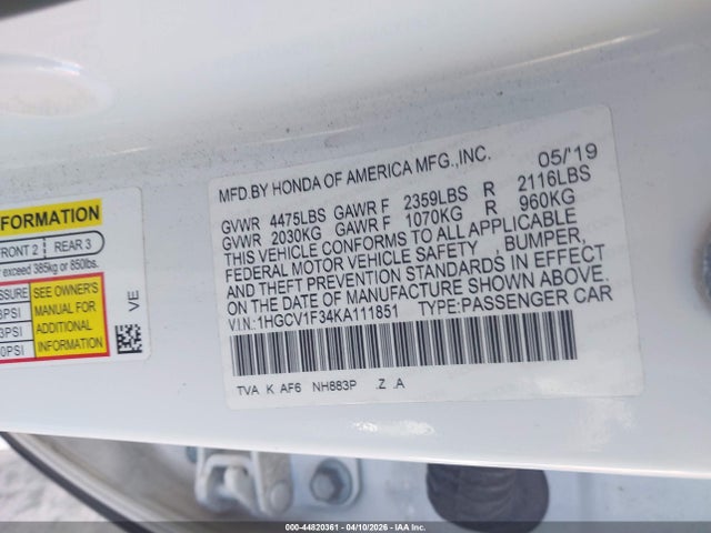 44820361 :رقم المزاد ، 1HGCV1F34KA111851 vin ، 2019 Honda Accord Sport مزاد بيع