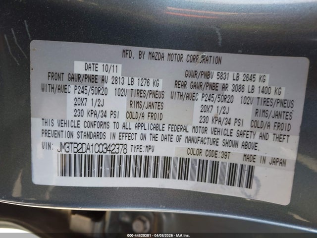 Продажа на аукционе авто 2012 Mazda Cx-9 Grand Touring, vin: JM3TB2DA1C0342378, номер лота: 44820381