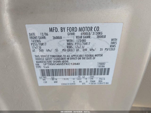 Aukcja sprzedaży 2007 Ford F-150 Xlt, vin: 1FTRW14W57KC12840, numer aukcji: 44820389