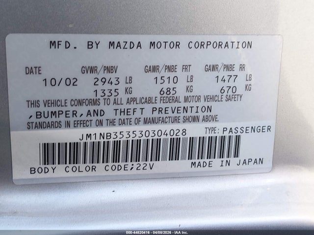2003 Mazda Mx-5 Miata Cloth/ls/se/shinsen მანქანა იყიდება აუქციონზე, vin: JM1NB353530304028, აუქციონის ნომერი: 44820416