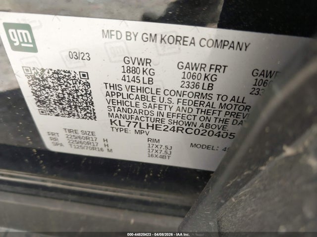 Продаж на аукціоні авто 2024 Chevrolet Trax Fwd Lt, vin: KL77LHE24RC020405, номер лоту: 44820423