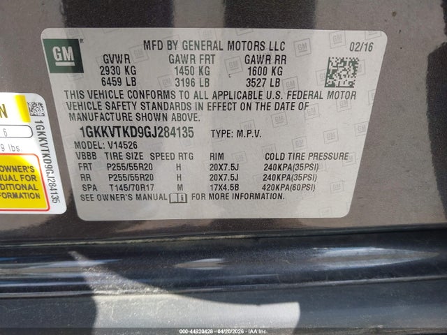 44820428 :رقم المزاد ، 1GKKVTKD9GJ284135 vin ، 2016 Gmc Acadia Denali مزاد بيع