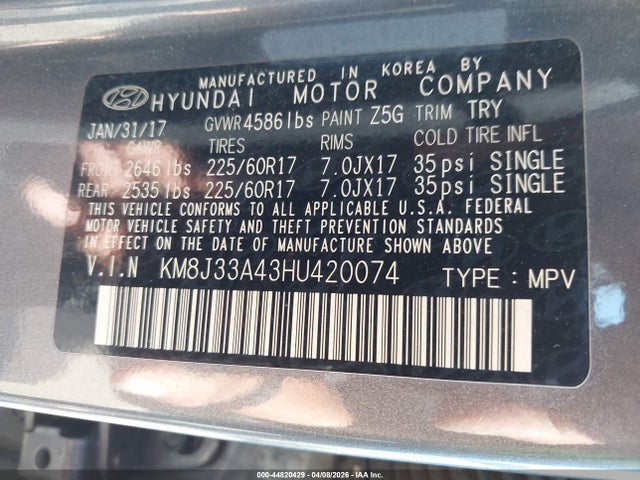 KM8J33A43HU420074 Hyundai Tucson Se Plus