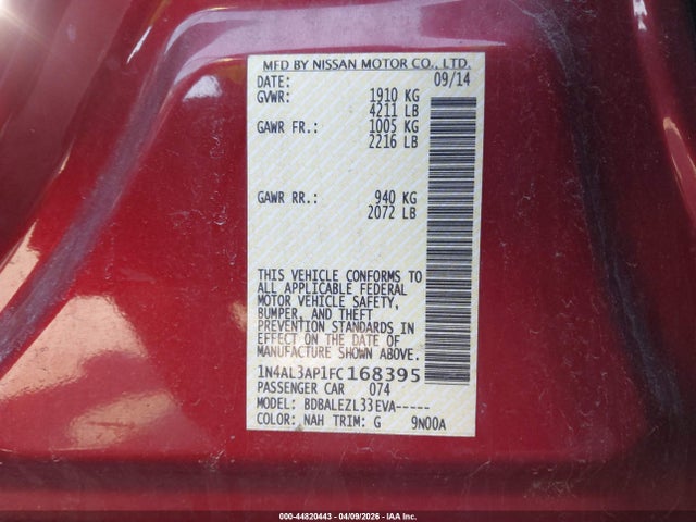 1N4AL3AP1FC168395 Nissan Altima 2.5/2.5 S/2.5 Sl/2.5 Sv