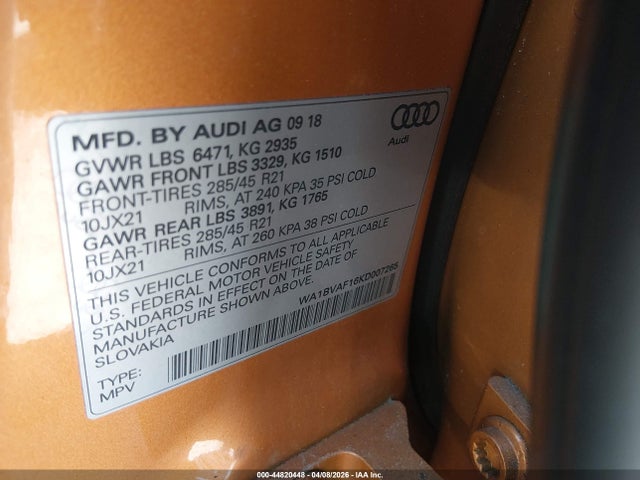 44820448 :رقم المزاد ، WA1BVAF16KD007265 vin ، 2019 Audi Q8 55 Premium مزاد بيع