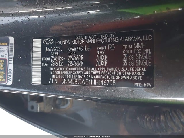 Aukcja sprzedaży 2022 Hyundai Tucson Sel, vin: 5NMJBCAE4NH146208, numer aukcji: 44820473