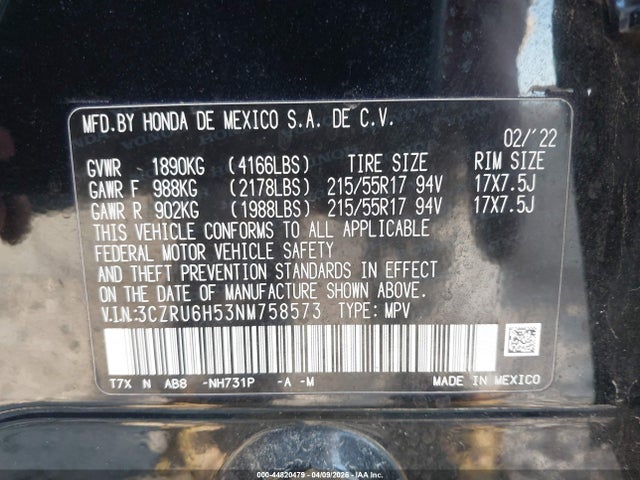 Продажа на аукционе авто 2022 Honda Hr-v Awd Ex, vin: 3CZRU6H53NM758573, номер лота: 44820479