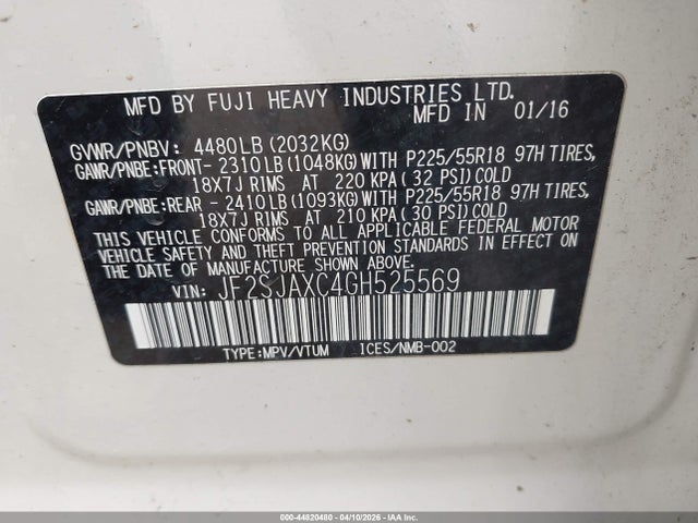 Aukcja sprzedaży 2016 Subaru Forester 2.5i Touring, vin: JF2SJAXC4GH525569, numer aukcji: 44820480