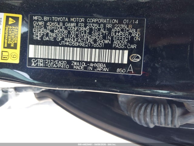 Aukcja sprzedaży 2014 Lexus Ct 200h, vin: JTHKD5BHXE2176531, numer aukcji: 44820481