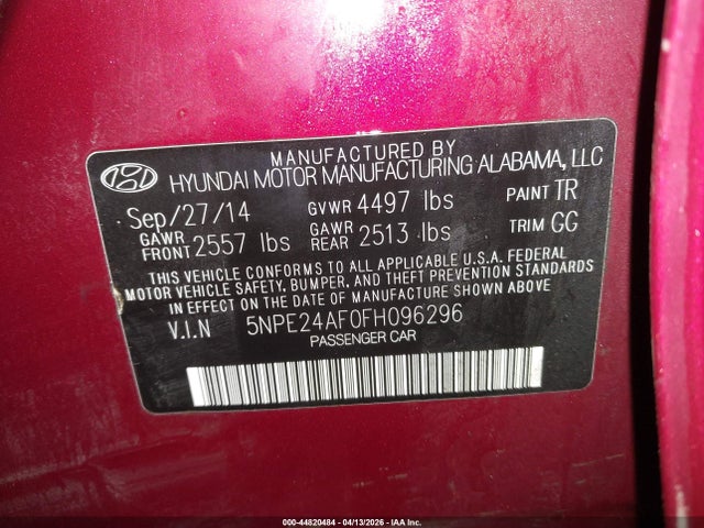 2015 Hyundai Sonata Se მანქანა იყიდება აუქციონზე, vin: 5NPE24AF0FH096296, აუქციონის ნომერი: 44820484