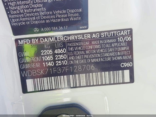 2007 Mercedes-benz Sl 550 მანქანა იყიდება აუქციონზე, vin: WDBSK71F37F128706, აუქციონის ნომერი: 44820491