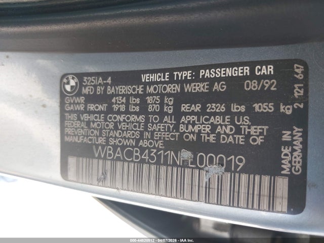 1992 BMW 325 WBACB4311NFL00019 Photo 8