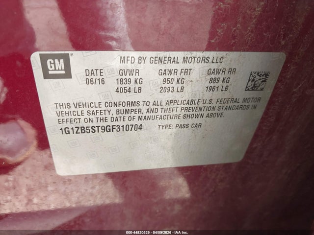 Aukcja sprzedaży 2016 Chevrolet Malibu Ls, vin: 1G1ZB5ST9GF310704, numer aukcji: 44820529