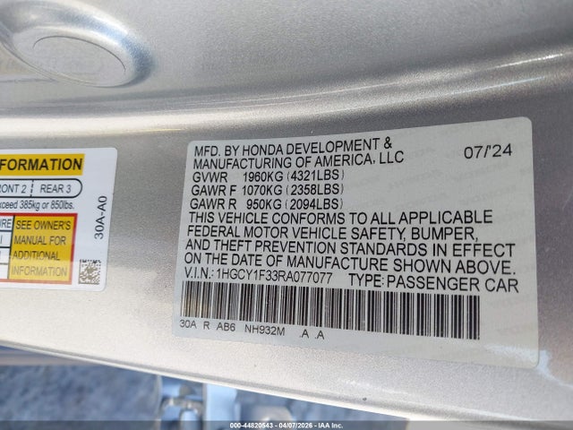 Honda ACCORD EX 2024 1HGCY1F33RA077077 Image 9