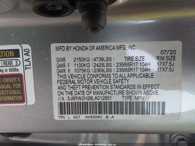 44820544 :رقم المزاد ، 5J6RW2H28LA012851 vin ، 2020 Honda Cr-v Awd Lx مزاد بيع