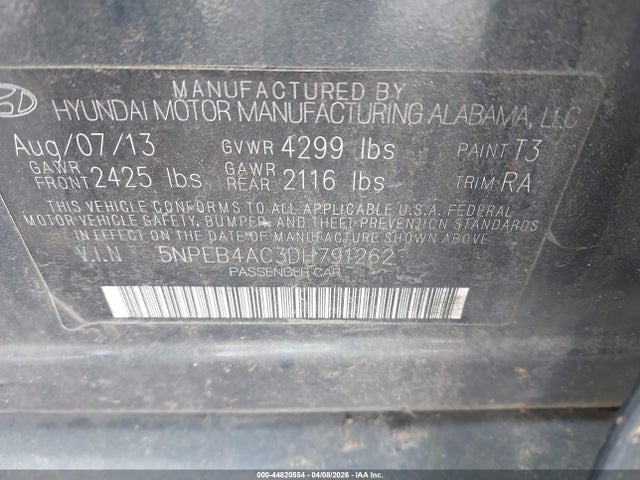 Aukcja sprzedaży 2013 Hyundai Sonata Gls, vin: 5NPEB4AC3DH791262, numer aukcji: 44820554