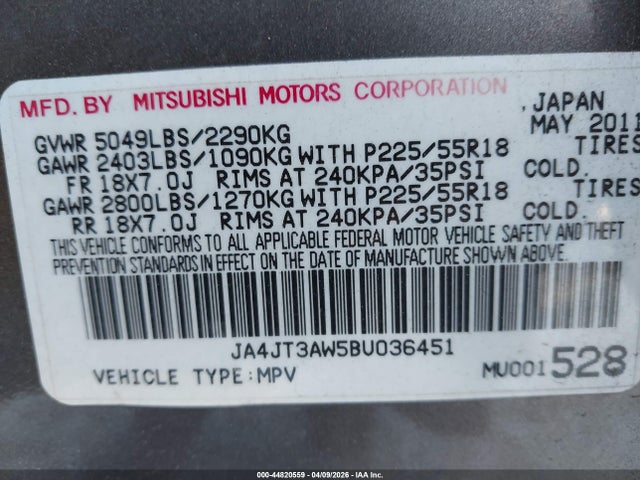 Продаж на аукціоні авто 2011 Mitsubishi Outlander Se, vin: JA4JT3AW5BU036451, номер лоту: 44820559