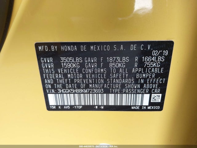44820570 :رقم المزاد ، 3HGGK5H88KM723693 vin ، 2019 Honda Fit Ex مزاد بيع