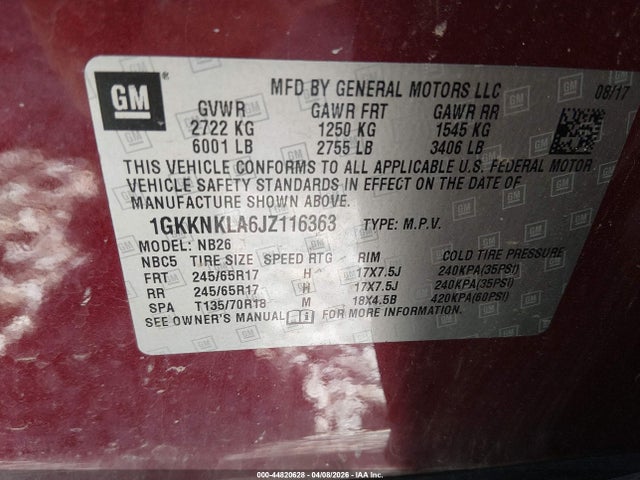 44820628 :رقم المزاد ، 1GKKNKLA6JZ116363 vin ، 2018 Gmc Acadia Sle-1 مزاد بيع