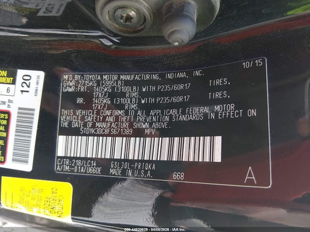 5TDYK3DC8FS671389 Toyota Sienna Xle Premium 8 Passenger