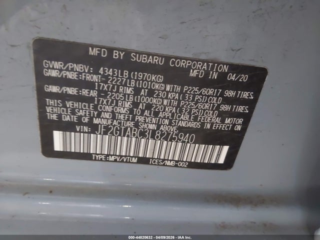 Aukcja sprzedaży 2020 Subaru Crosstrek, vin: JF2GTABC3L8275940, numer aukcji: 44820632